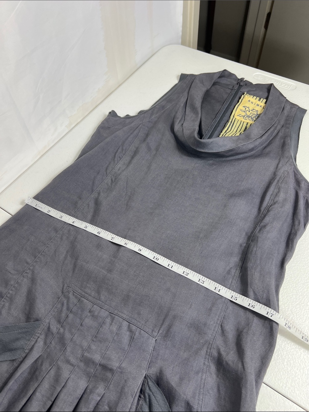 Animale Sz 8 Linen Dress Taupe/Gray Drop Waist Asymmetrical Hem Pockets - Picture 12 of 16